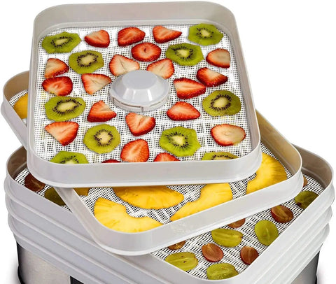 Stacked trays with Six Pack Silicone Dehydrator Sheets Nonstick Reusable BPA Free Food Grade Mats 14 By 14 Inch 0.8mm Thick with fruits drying