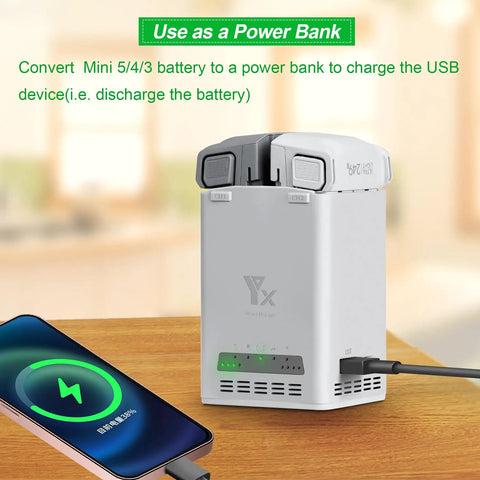 Dual Battery Charging Hub For Mini 5 Pro, Mini 4 Pro, Mini 3 Pro, And Mini 3 Drone used as a power bank charging a USB device.