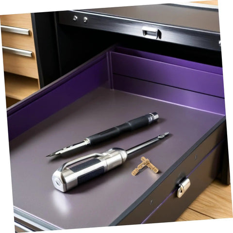 Brass Hidden Cabinet Hinges 25 Pack For Jewelry Boxes And Wooden Boxes, next to tools in a purple-lined drawer
