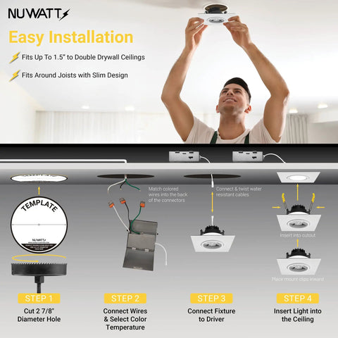 Installation guide for 3 Inch Gimbal Square Canless LED Recessed Light Kit With 5 Color Temp Options showing steps and features