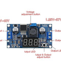 Adjustable DC-DC Buck Converter Power Module With Digital Voltmeter Display Plug-And-Play 4V-40V To 1.25V-37V At Up To 2A Continuous, 3A Peak, 92% Efficient, Low Ripple Under 30mV, Great For Car, DIY Electronics And Battery Projects showing input and output voltage details.