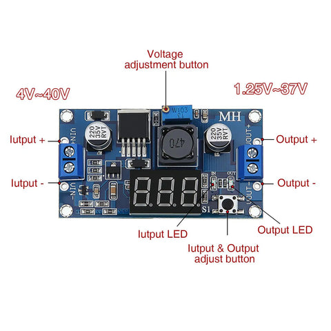 Adjustable DC-DC Buck Converter Power Module With Digital Voltmeter Display Plug-And-Play 4V-40V To 1.25V-37V At Up To 2A Continuous, 3A Peak, 92% Efficient, Low Ripple Under 30mV, Great For Car, DIY Electronics And Battery Projects showing input and output voltage details.
