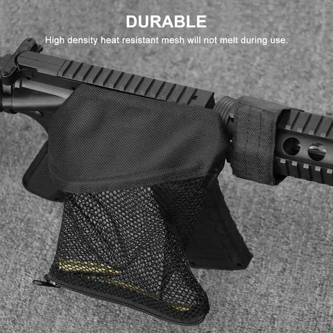 Brass Shell Catcher For Rifle With Nylon Mesh Quick Unload Zippered Bottom Heat Resistant Mesh 45 Degree Right Side Wire Frame