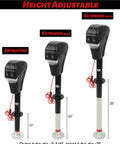 Electric trailer jack shown in three positions: retracted, extended (min), extended (max) on black post with red power cord.