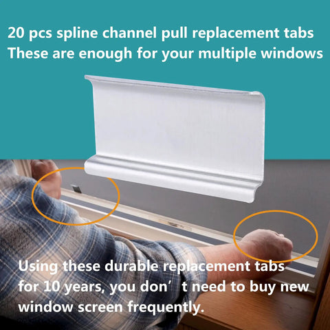 Heavy Duty Aluminum Window Screen Spline Lift Pull Tabs for easy repairs, shown in use on a sliding window.