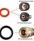 1/4 And 3/8 Inch Quick Disconnect O-Ring Set For Pressure Washers, 30 Pack In Red And Black, Includes 15 Orange 1/4 In QD O-Rings And 15 Black 3/8 In QD O-Rings, M22 Quick Connect Compatible diagram showing orange and black rings with connectors.
