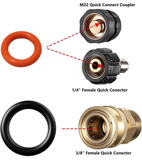 1/4 And 3/8 Inch Quick Disconnect O-Ring Set For Pressure Washers, 30 Pack In Red And Black, Includes 15 Orange 1/4 In QD O-Rings And 15 Black 3/8 In QD O-Rings, M22 Quick Connect Compatible diagram showing orange and black rings with connectors.