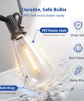 Close-up of a shatterproof ST38 bulb from 100 Ft LED Outdoor String Lights With Remote Control illustrating durability features.