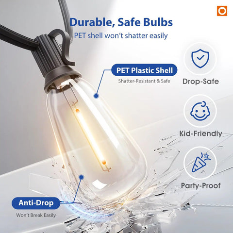 Close-up of a shatterproof ST38 bulb from 100 Ft LED Outdoor String Lights With Remote Control illustrating durability features.