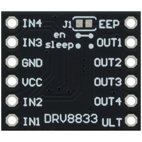 Dual H Bridge Motor Driver Module DRV8833 with pin labels for DC and stepper motors, compact 18.5x16mm board, close-up view.