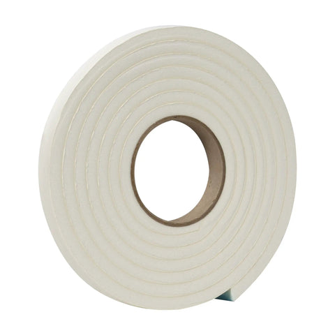 Self Adhesive Foam Weatherstrip Seal For Large Gaps 3/4 Inch By 3/8 Inch By 10 Feet White roll, visible outer edge