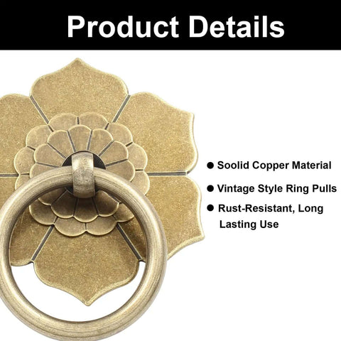 Badass Antique Bronze Ring Pull Handles For Kitchens And Cabinets Featuring A Slick Floral Pattern Heavy Duty Drawer Hardware Kit With Mounting Screws And A Screwdriver For A Quick Install Truly Hella Sturdy, close-up floral design.