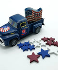 Blue All American Patriotic Metal Pickup Truck Ornament For Tiered Tray Decor And Tabletop Centerpiece, with stars and USA flag