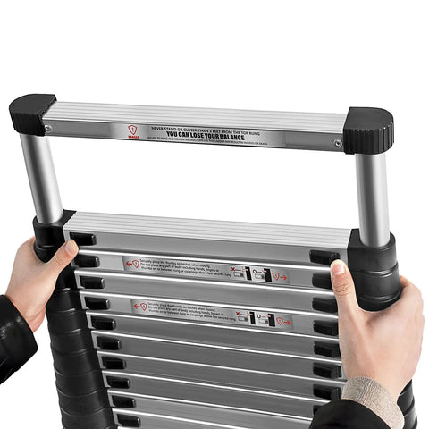 Hands holding 14 Point 5 Foot Telescoping Ladder With 330 Pound Capacity Heavy Duty Aluminum Extendable Collapsible Ladder