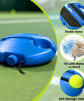 Solo Tennis Practice Kit with Rebounder Ball Set and 3 Training Balls, featuring a blue fillable base for stable use