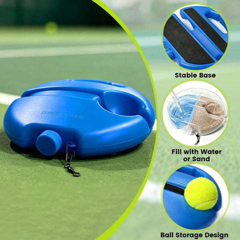 Solo Tennis Practice Kit with Rebounder Ball Set and 3 Training Balls, featuring a blue fillable base for stable use