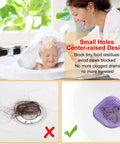 Hair Drain Catcher Square Drain Cover Made From Silicone With Strong Suction Cup For Shower Bathroom Tub And Kitchen No Fuss Install 2 Pack Purple in use for hair clog prevention, showing clean vs. clogged drain