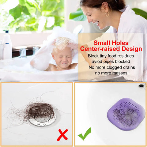 Hair Drain Catcher Square Drain Cover Made From Silicone With Strong Suction Cup For Shower Bathroom Tub And Kitchen No Fuss Install 2 Pack Purple in use for hair clog prevention, showing clean vs. clogged drain