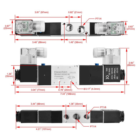 Diagram of Industrial Grade 5 Way 3 Position Internally Piloted Pneumatic Solenoid Valve 4V230-08C with dimensions and port size details.