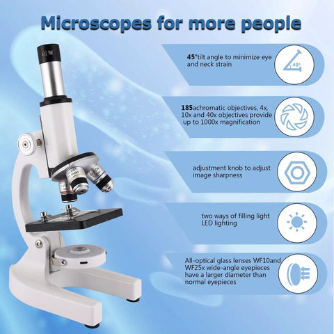 High Power Compound Microscope With 40X To 2500X Magnification For Adults And Kids featuring adjustable knobs and LED lights