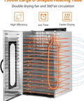 Heavy Hitter Commercial Food Dehydrator With 16 Stainless Steel Trays And 1500 Watts showing U-shaped heating tube and 360° air circulation.