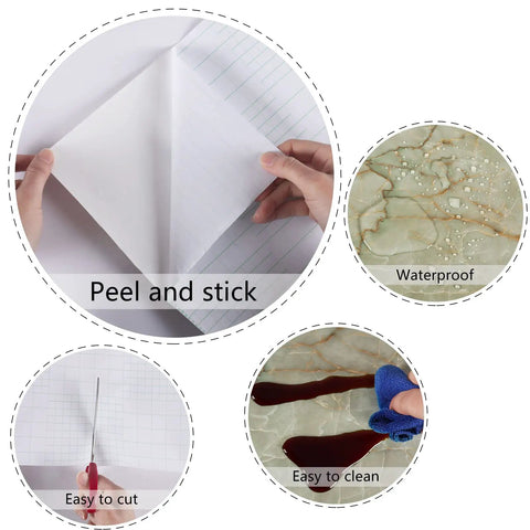 Green Marble Vinyl Contact Paper Peel And Stick For Cabinets And Countertops Waterproof Self Adhesive Covering 15.8 By 472 Inches 51.6 Sq Ft Removable Desk Table Top Decor Film image showing peel and stick, waterproof, easy to cut and clean features