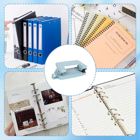Heavy Duty Metal Two Hole Punch For A4 A5 B5 Paper, Adjustable Manual Paper Punch With 10 Sheet Capacity, Blue encircled by notebooks and binders
