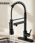 Top Shelf Matte Black Kitchen Faucet With Pull Down Sprayer Featuring Killer Dual Spray Functions And Lead Free Nsf Certified Build Perfect For Farmhouse Rv Camper Laundry Sinks With Smooth Flow Aerators, close-up view with coiled sprayer.