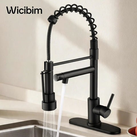Top Shelf Matte Black Kitchen Faucet With Pull Down Sprayer Featuring Killer Dual Spray Functions And Lead Free Nsf Certified Build Perfect For Farmhouse Rv Camper Laundry Sinks With Smooth Flow Aerators, close-up view with coiled sprayer.