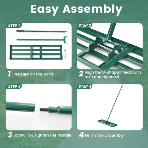 Easy assembly steps for Heavy Duty Lawn Leveling Rake With Ergonomic 67 Inch Handle For Soil And Lawn Care, Wide 30 Inch By 10 Inch Landscape Rake