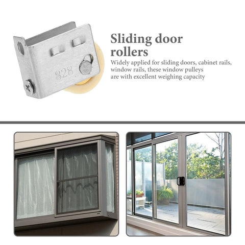 Heavy Duty Beefy Sliding Door Pulley Wheels For Quick Easy Swap Track Rollers And Patio Window Guides With Smooth Gliding Stainless Steel Build That Lasts Forever mounted on a sliding door.