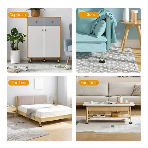 Adjustable Furniture Feet Set 12 Pieces for leveling on cupboards, sofas, beds, and end tables, shown stabilizing furniture.