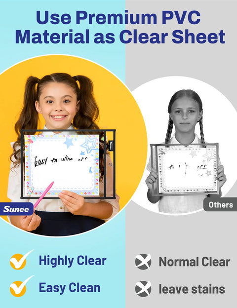 Girl holding Oversized Dry Erase Pockets With Rings Pack of 30 for Reusable Worksheets, comparing clear PVC material.