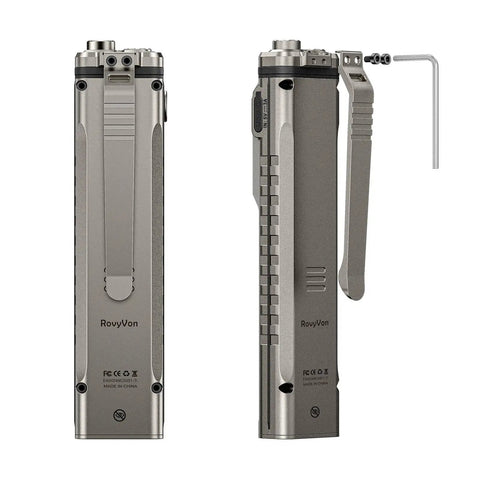 Side view of Ultra Lightweight Titanium EDC Flashlight With USB C Rechargeable Power, showing clip and compact design.