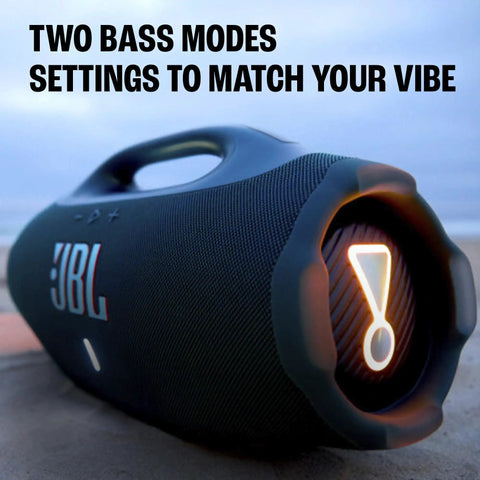 Hardest Hitting Portable Waterproof Speaker With Pro Sound And AI Boost, Dual Woofers And Tweeters, Black on beach