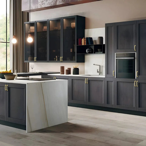 Modern kitchen with dark wood cabinets featuring gold brass cabinet handles 24 pack 5 inch arch drawer pulls zinc cupboard hardware.