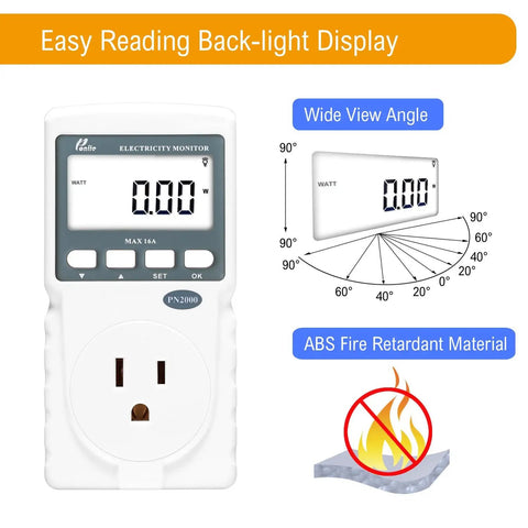 Plug In Kilowatt Watt Meter For Home Energy Monitoring Easy To Use 220V 16A with backlit display and fire retardant material