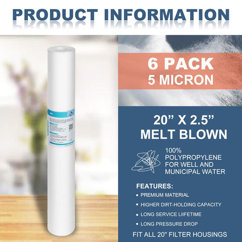 6 pack of 5 Micron Sediment Water Filter Replacement Polypropylene Cartridge 20 Inch By 2.5 Inch For Whole House Filter System