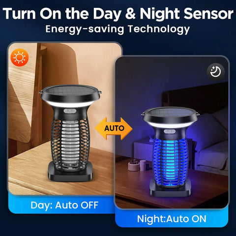 Outdoor Waterproof Solar Powered Bug Zapper Portable And No Fuss Rechargeable With Panel Sensor And LED Night Light