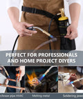 Person using Map Gas Torch Kit with holster and adjustable knob trigger start, equipped with 4.9 ft hose for tight spaces, in workshop.