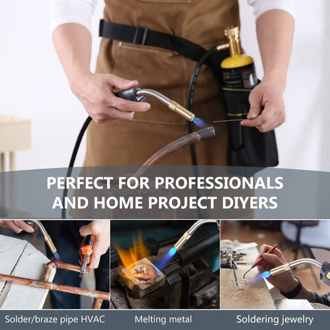 Person using Map Gas Torch Kit with holster and adjustable knob trigger start, equipped with 4.9 ft hose for tight spaces, in workshop.