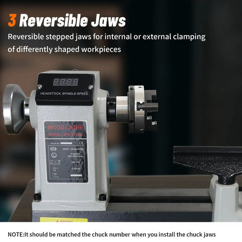 Top Shelf Three Inch Three Jaw Self Centering Wood Lathe Chuck Featuring Reversible Stepped Jaws, displayed on a wood lathe.