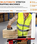 Top Shelf Electric Stretch Film Wrapping Machine Bench Dispenser For Swift Pallet And Box Shrink Wrap Operations Featuring Blazing Speed Motor And No Sweat Film Swapping in use with box and film.