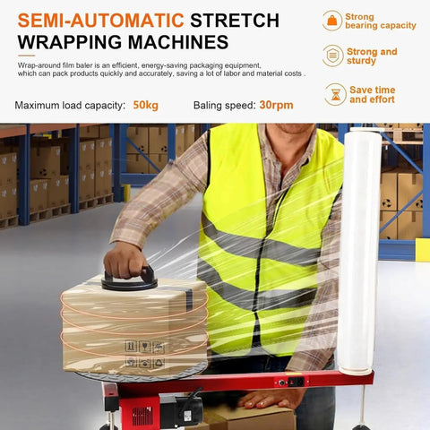 Top Shelf Electric Stretch Film Wrapping Machine Bench Dispenser For Swift Pallet And Box Shrink Wrap Operations Featuring Blazing Speed Motor And No Sweat Film Swapping in use with box and film.
