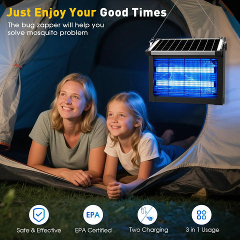 4500V Sun Powered Beast Bug Zapper hanging at a campsite near a tent, illuminating with blue light, outdoor setting.