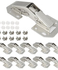 Hidden Hinges For Frameless Cabinet Doors Concealed Surface Mount 10 Pack Nickel Plated Cold Rolled Steel Built In Spring Keeps Door At Ninety Degrees Not Soft Closing Rust Resistant Easy To Install shown with accessories