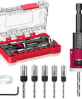 BURMONG 5-piece countersink drill bit set with adjustable depth stop; 1/4-inch hex shanks in red case.