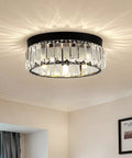 Semi Flush Mount Crystal Ceiling Light With Open Bottom Design, modern round chandelier illuminated in a room, black finish.