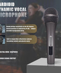 Cardioid dynamic vocal microphone displayed on stand with sound pickup features, high signal output, ultra-wide response shown.