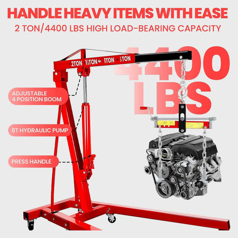 Heavy Duty 2 Ton 4400 Lbs Engine Hoist Folding Alloy Steel Cherry Picker lifting an engine with adjustable boom and hydraulic pump.
